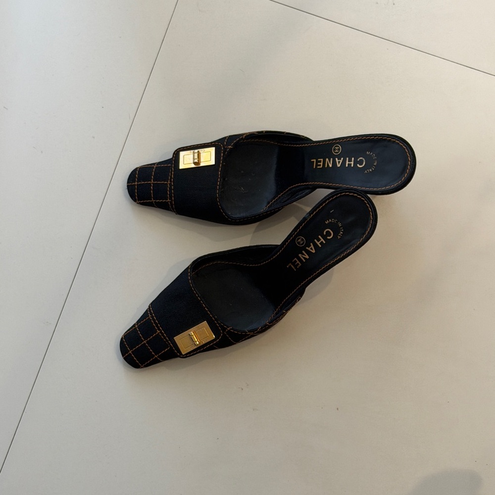 Chanel Denim Quilted Slide Mules with Gold Accent